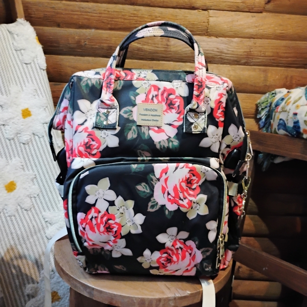 VSNOON Laptop Backpack Stylish College School Backpack with USB Black Pink Roses